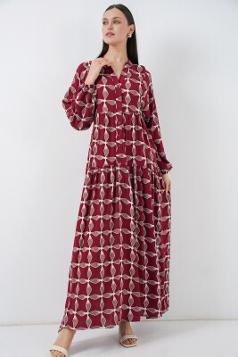 Kadın Desenli Uzun Tesettür Elbise 2585 - F.Bordo - 4