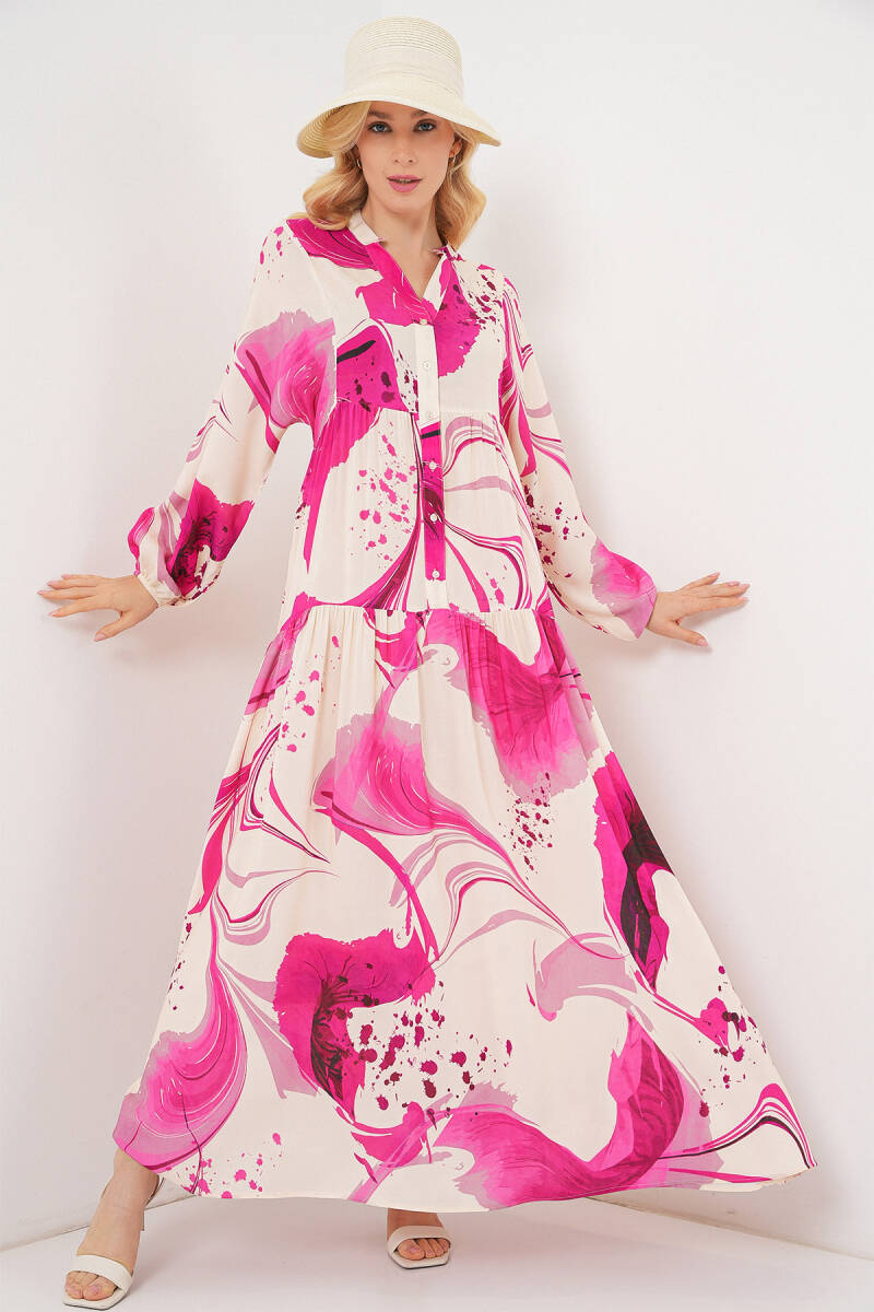 Kadın Desenli Uzun Tesettür Elbise 2585 - Fuşya - BİGDART