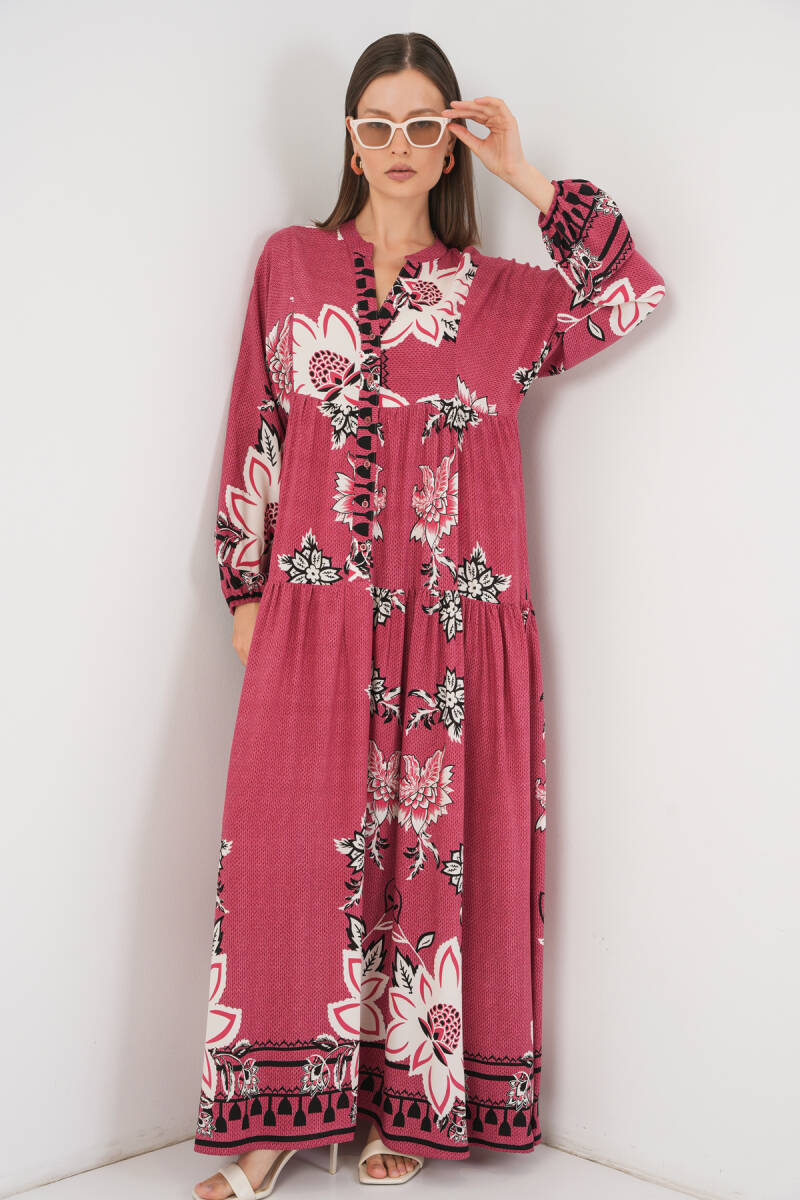 Kadın Desenli Uzun Tesettür Elbise 2585 - Gül Kurusu - BİGDART