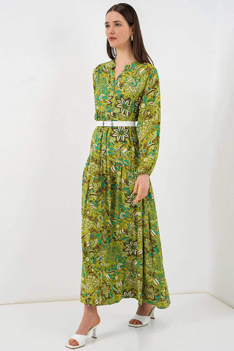 Kadın Desenli Uzun Tesettür Elbise 2585 - G.Yeşil - BİGDART