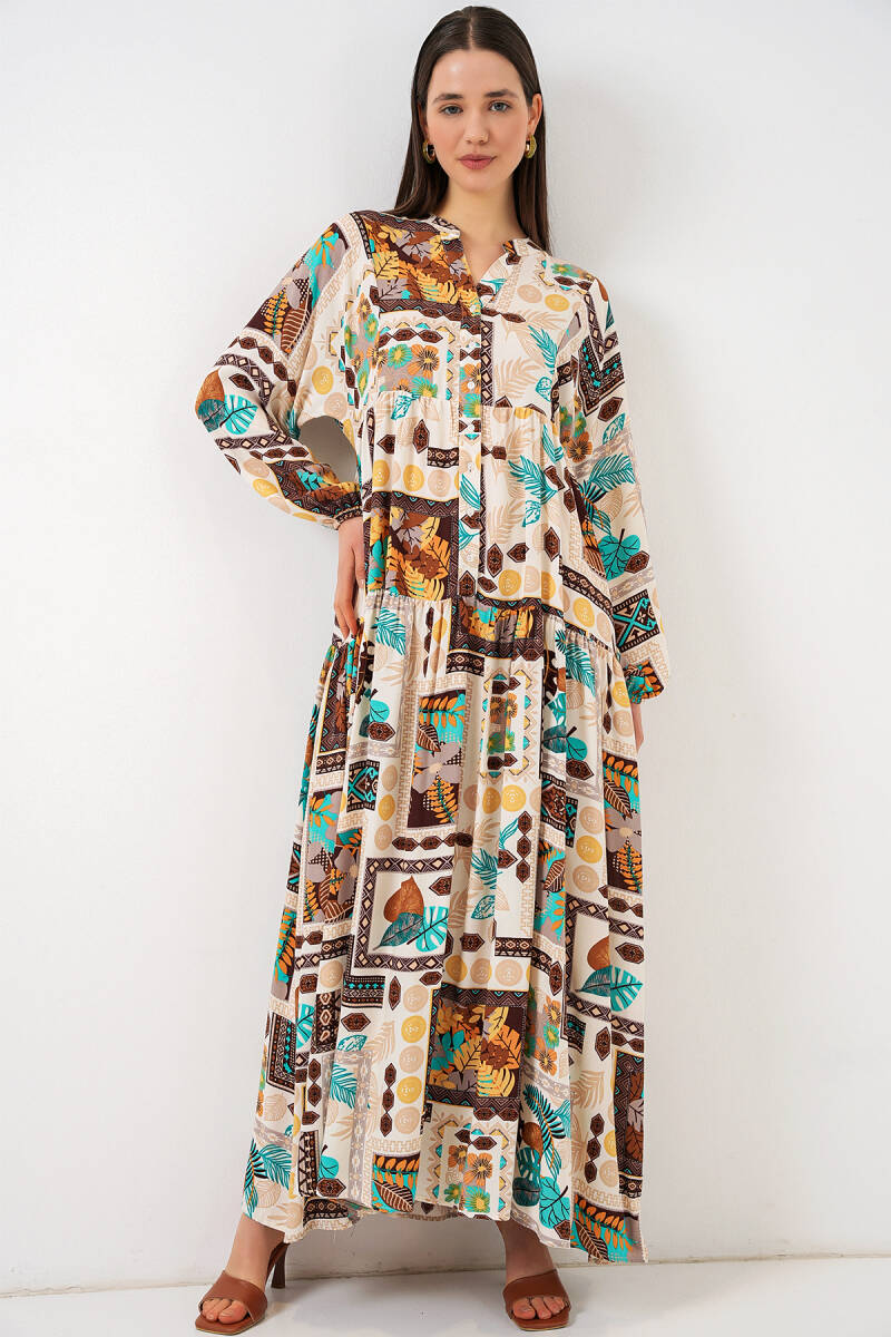 Kadın Desenli Uzun Tesettür Elbise 2585 - H. Kahverengi - BİGDART