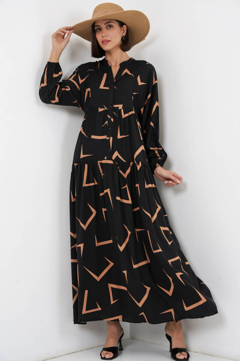 Kadın Desenli Uzun Tesettür Elbise 2585 - H. Siyah - BİGDART