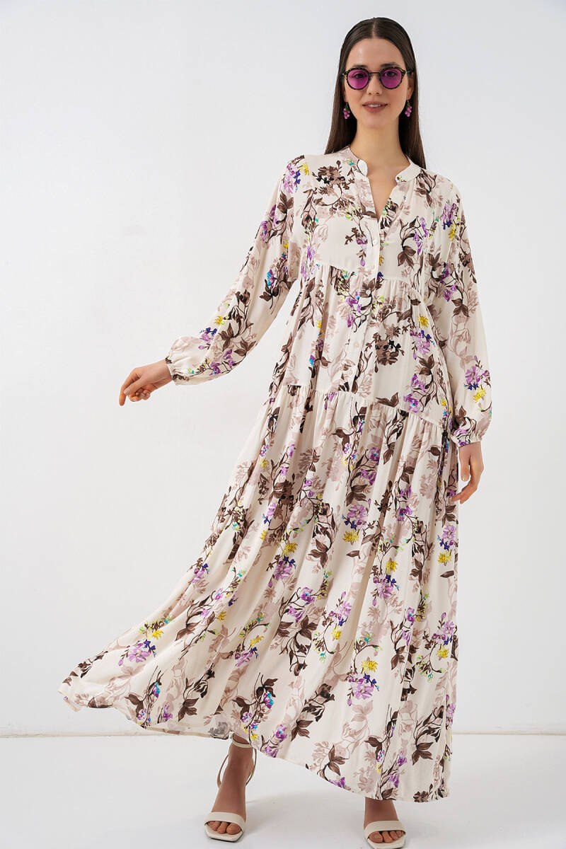 Kadın Desenli Uzun Tesettür Elbise 2585 - I. Kahverengi - BİGDART