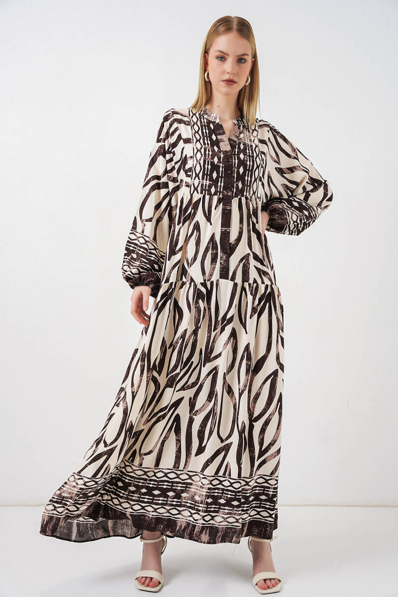 Kadın Desenli Uzun Tesettür Elbise 2585 - K. Taba - BİGDART