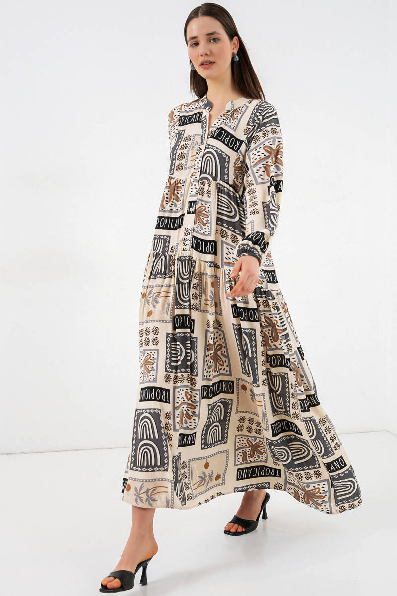 Kadın Desenli Uzun Tesettür Elbise 2585 - K. Bej - BİGDART