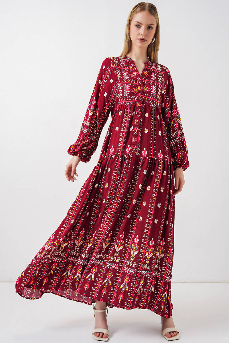 Kadın Desenli Uzun Tesettür Elbise 2585 - K. Kırmızı - BİGDART