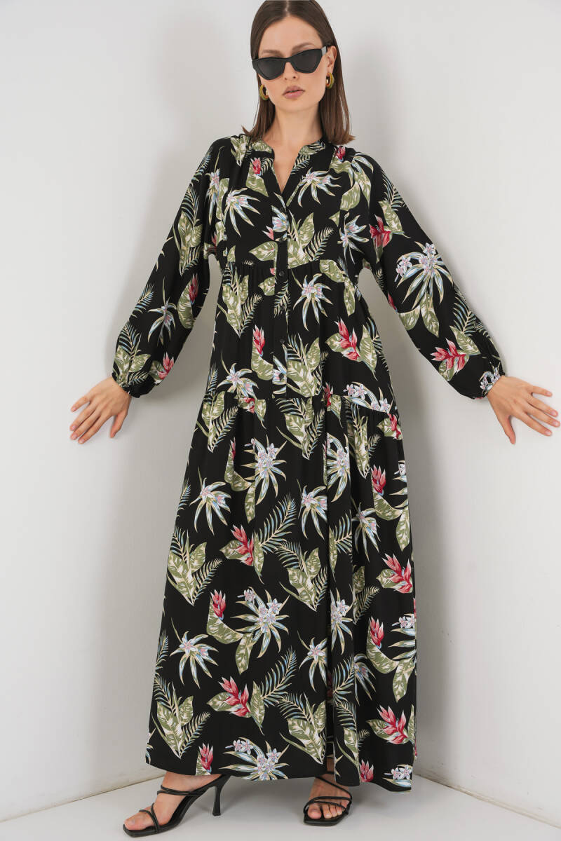 Kadın Desenli Uzun Tesettür Elbise 2585 - K. Siyah - BİGDART