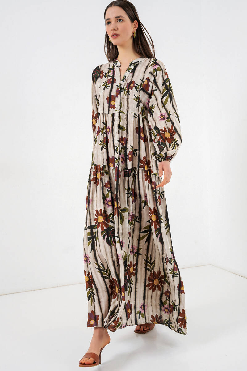 Kadın Desenli Uzun Tesettür Elbise 2585 - Kahve Bej - BİGDART