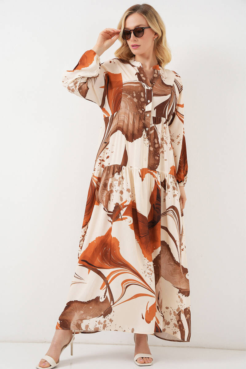 Kadın Desenli Uzun Tesettür Elbise 2585 - Kahverengi - BİGDART