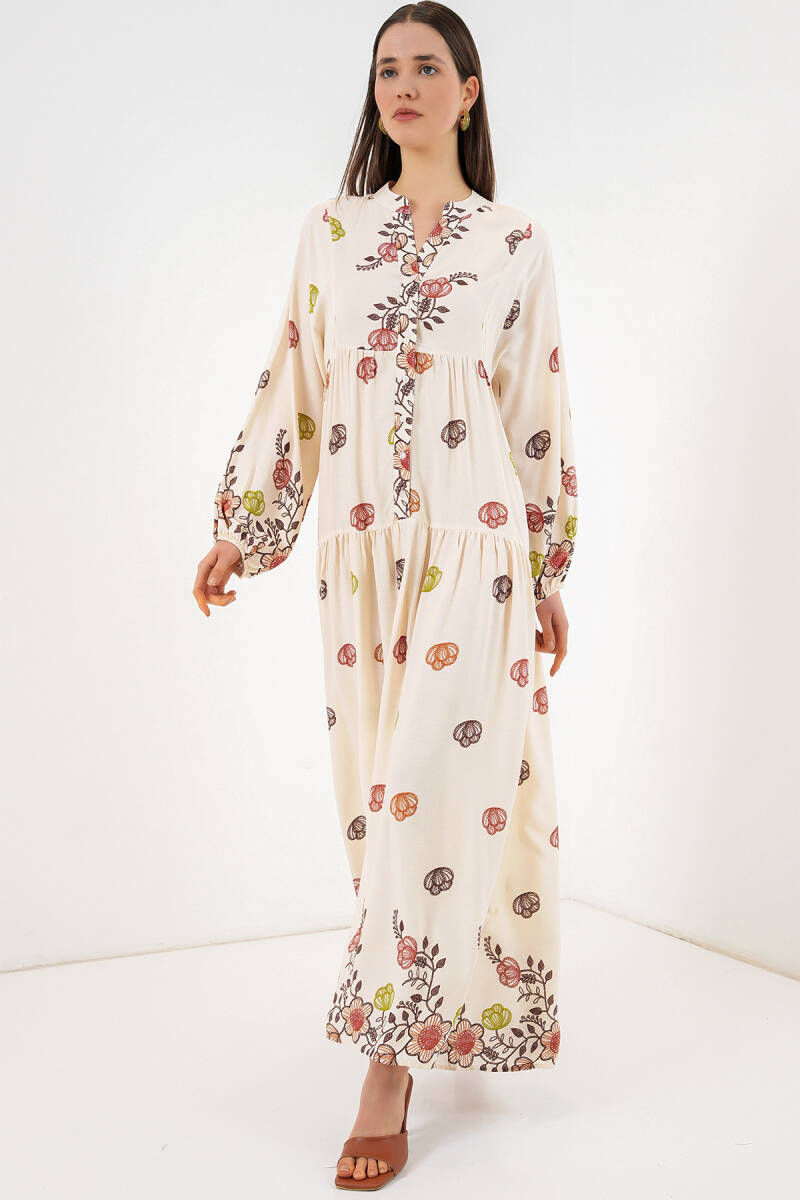 Kadın Desenli Uzun Tesettür Elbise 2585 - Kiremit - BİGDART