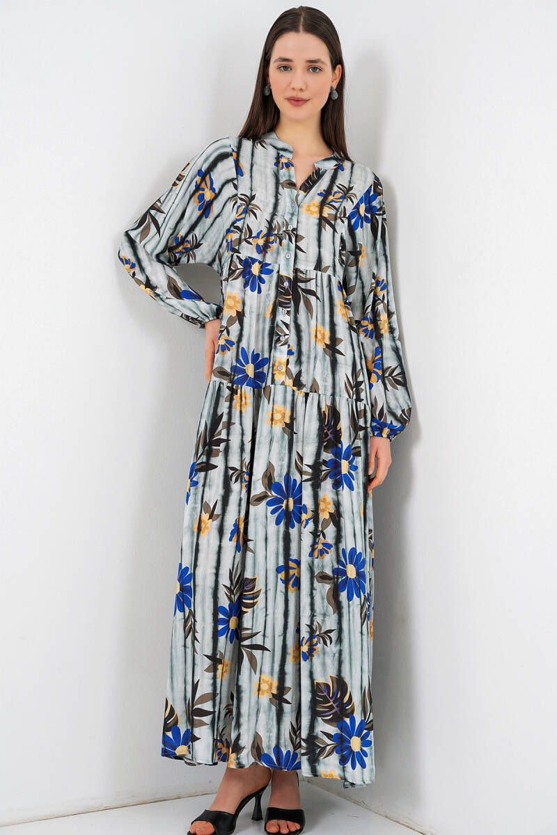 Kadın Desenli Uzun Tesettür Elbise 2585 - Koyu Gri - BİGDART