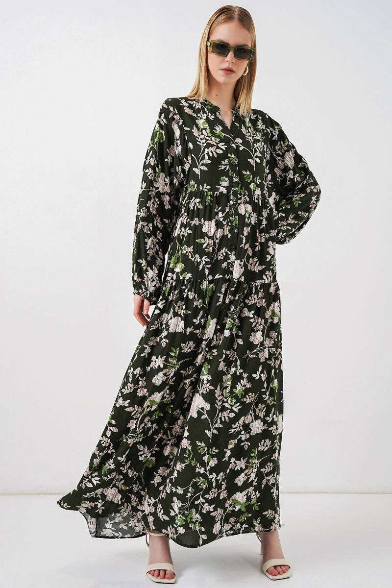 Kadın Desenli Uzun Tesettür Elbise 2585 - Koyu Haki - BİGDART