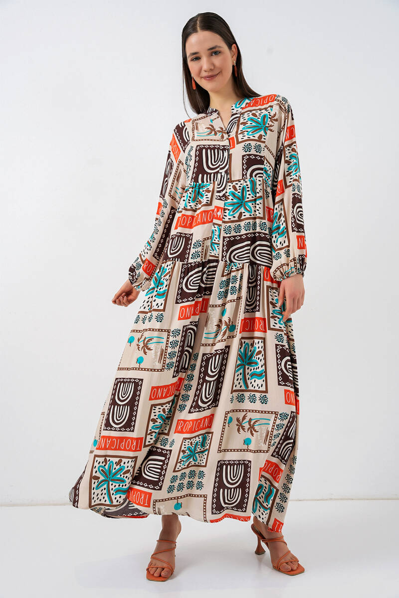 Kadın Desenli Uzun Tesettür Elbise 2585 - Koyu Kahve - BİGDART