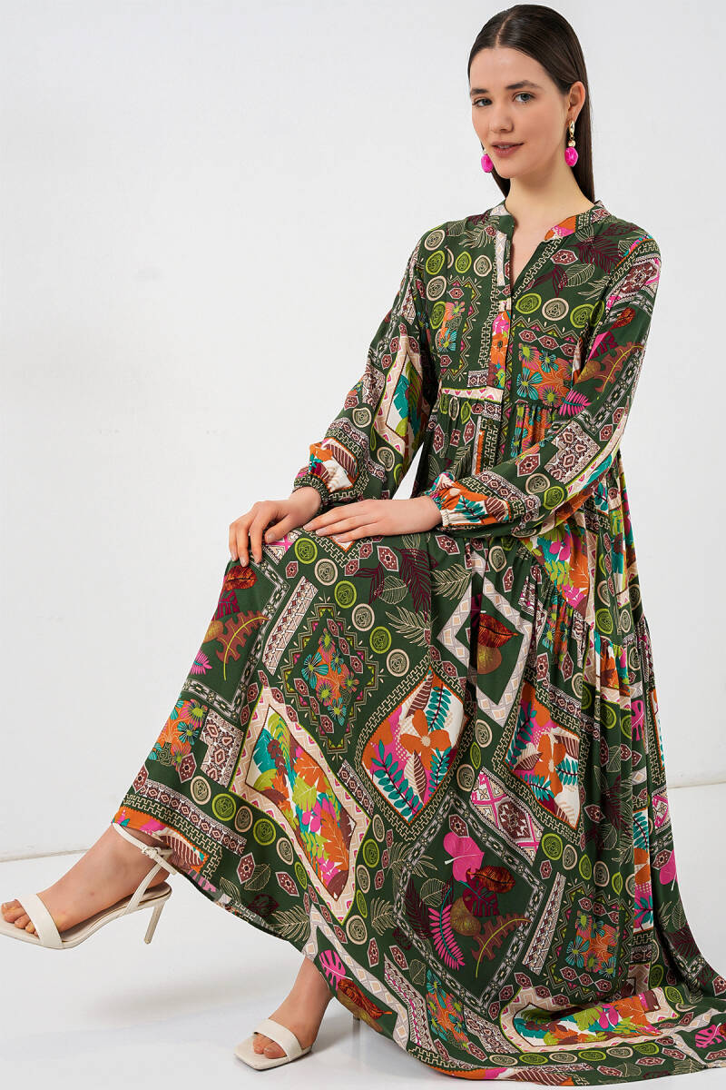 Kadın Desenli Uzun Tesettür Elbise 2585 - Koyu Yeşill - BİGDART