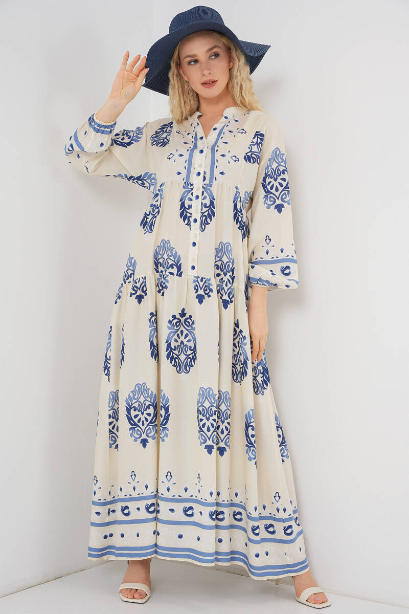 Kadın Desenli Uzun Tesettür Elbise 2585 - Krem - BİGDART