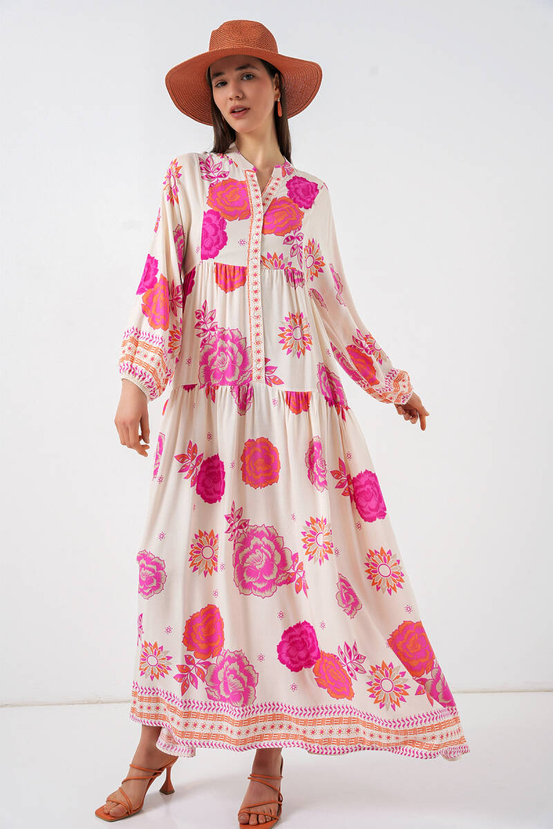 Kadın Desenli Uzun Tesettür Elbise 2585 - L. Fuşya - BİGDART