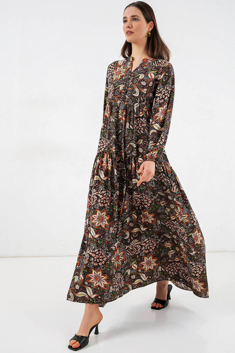 Kadın Desenli Uzun Tesettür Elbise 2585 - L. Siyah - BİGDART