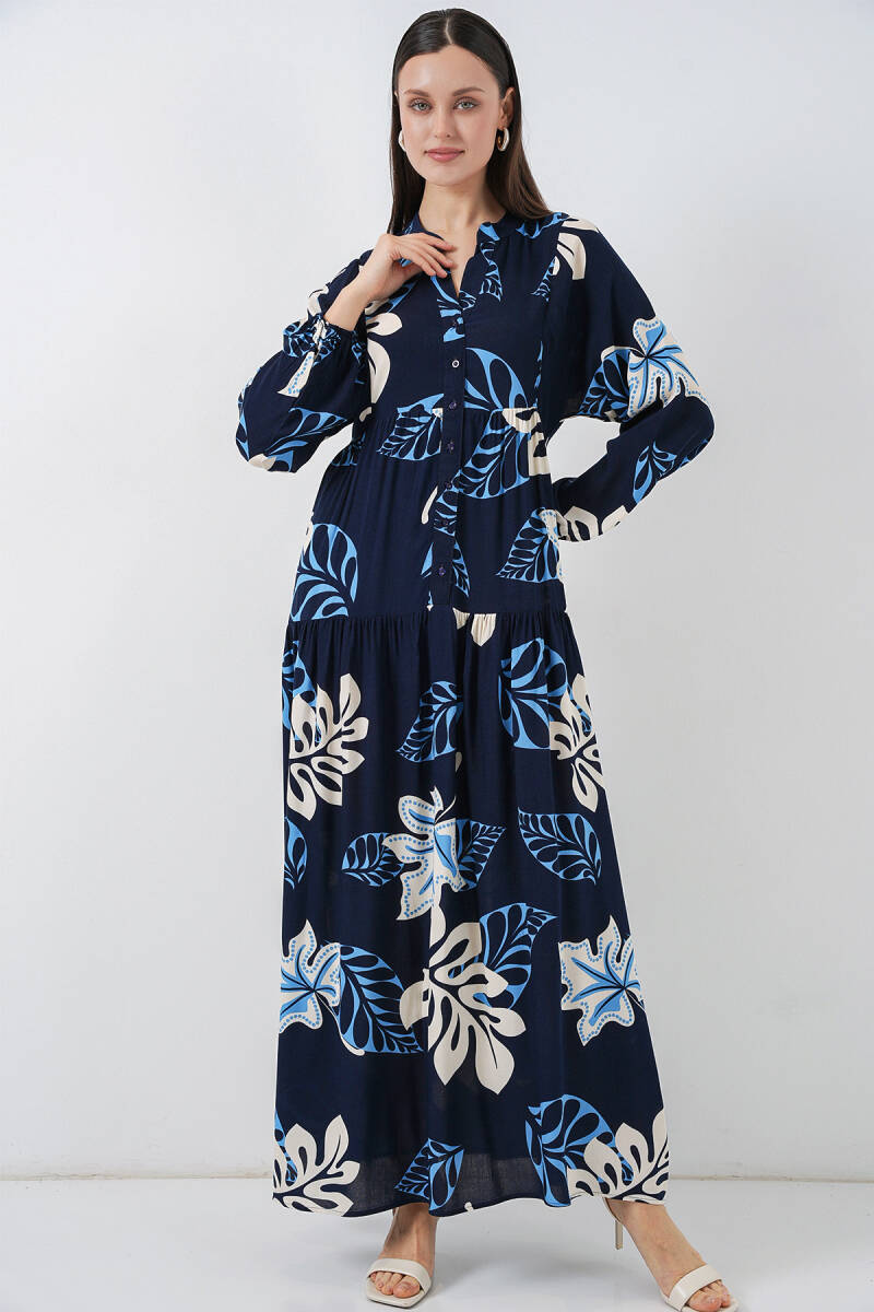 Kadın Desenli Uzun Tesettür Elbise 2585 - Lacivert 2 - BİGDART