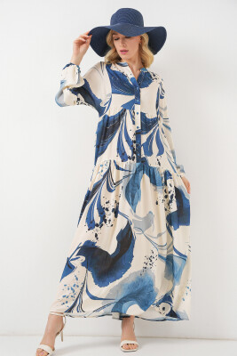 Kadın Desenli Uzun Tesettür Elbise 2585 - Lacivert 