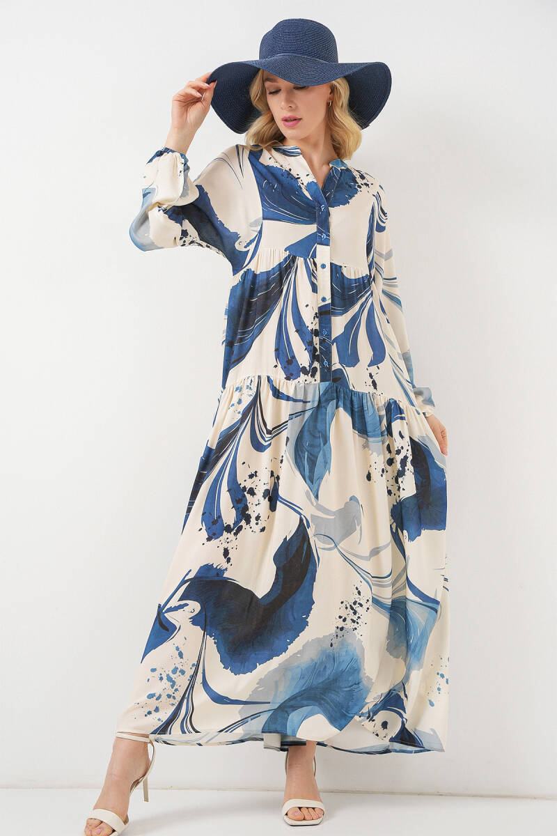 Kadın Desenli Uzun Tesettür Elbise 2585 - Lacivert - BİGDART