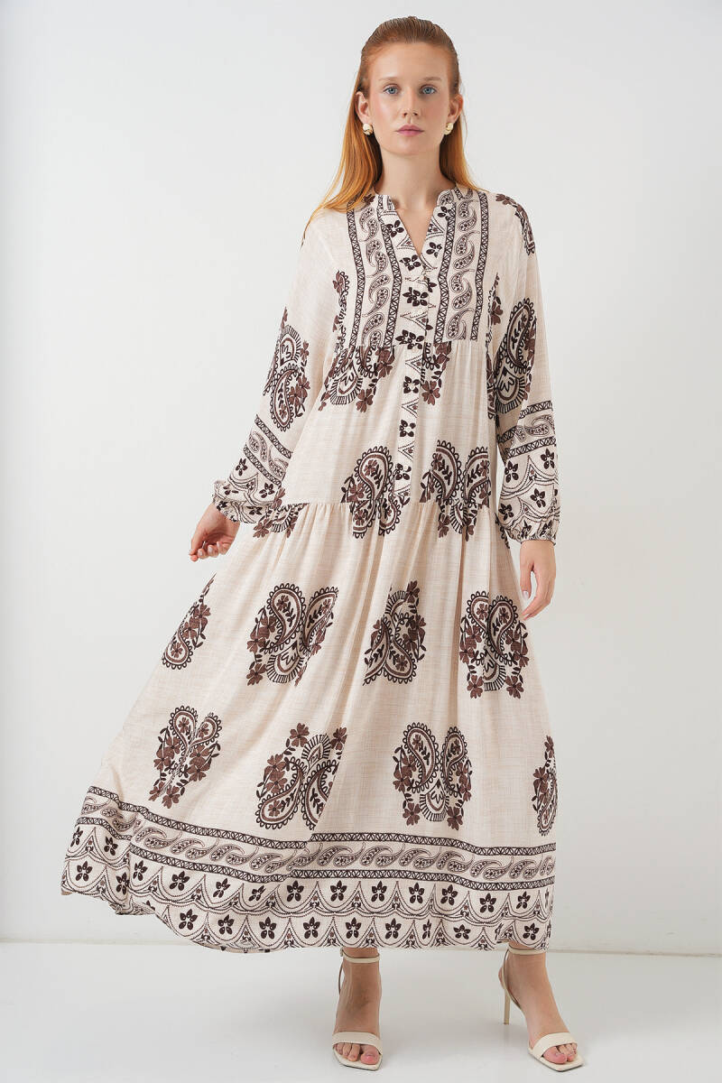 Kadın Desenli Uzun Tesettür Elbise 2585 - M. Kahverengi - BİGDART