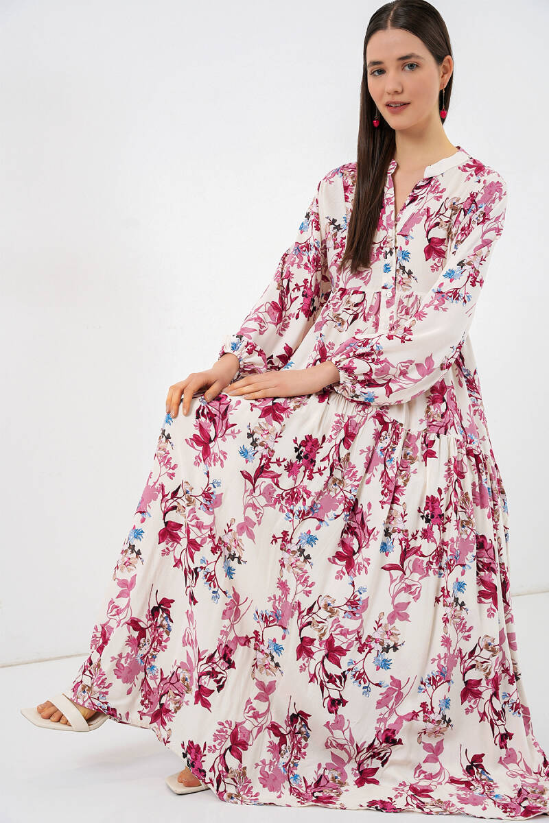 Kadın Desenli Uzun Tesettür Elbise 2585 - M. Kırmızı - BİGDART