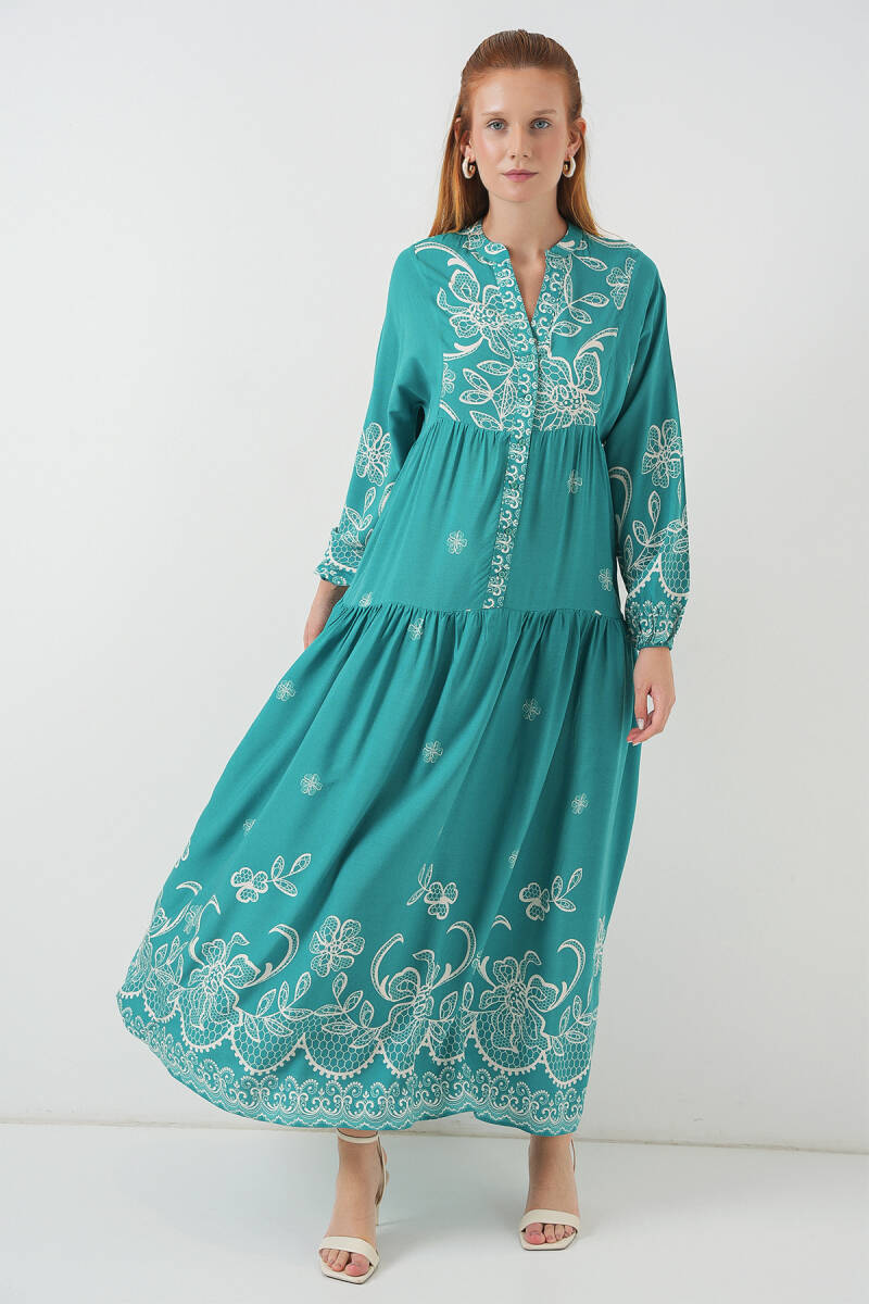 Kadın Desenli Uzun Tesettür Elbise 2585 - Mint - BİGDART