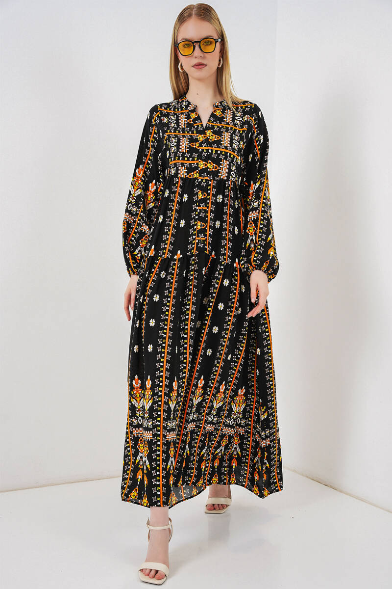 Kadın Desenli Uzun Tesettür Elbise 2585 - N. Siyah - BİGDART