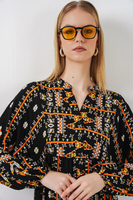 Kadın Desenli Uzun Tesettür Elbise 2585 - N. Siyah - 2