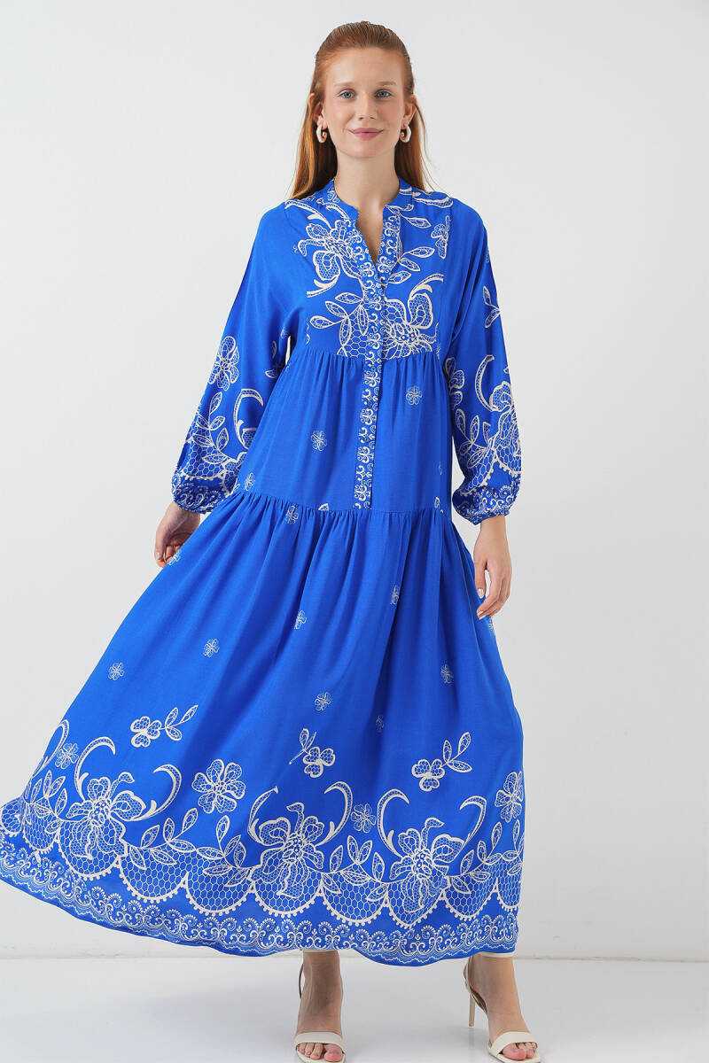 Kadın Desenli Uzun Tesettür Elbise 2585 - Saks - BİGDART