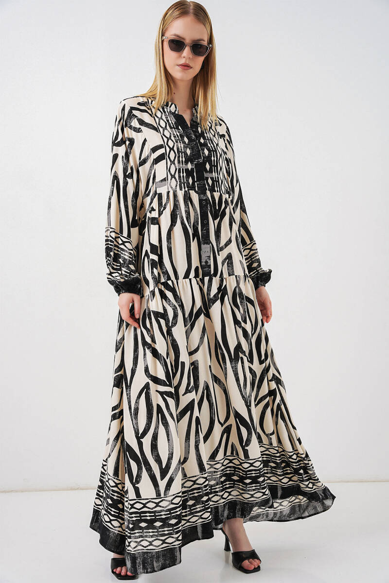 Kadın Desenli Uzun Tesettür Elbise 2585 - Siyah 12 - BİGDART