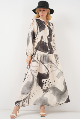 Kadın Desenli Uzun Tesettür Elbise 2585 - Siyah 