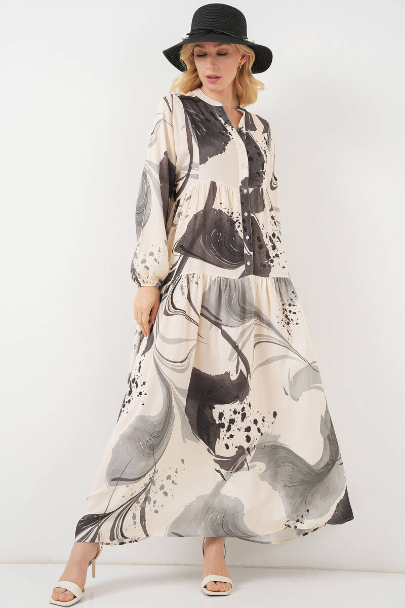 Kadın Desenli Uzun Tesettür Elbise 2585 - Siyah - BİGDART