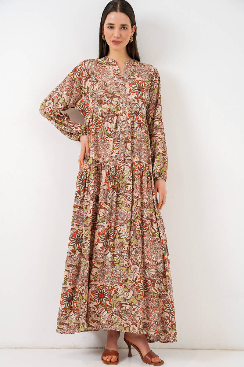 Kadın Desenli Uzun Tesettür Elbise 2585 - Sütlü Kahve - BİGDART