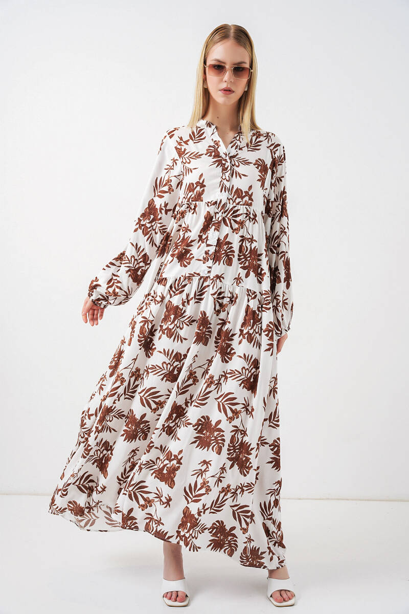 Kadın Desenli Uzun Tesettür Elbise 2585 - Taba - BİGDART