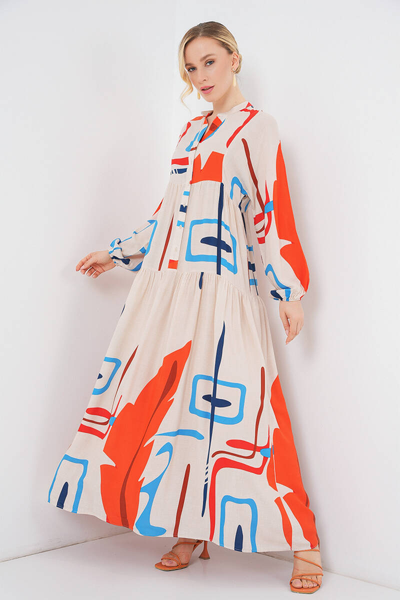 Kadın Desenli Uzun Tesettür Elbise 2585 - Turuncu - BİGDART