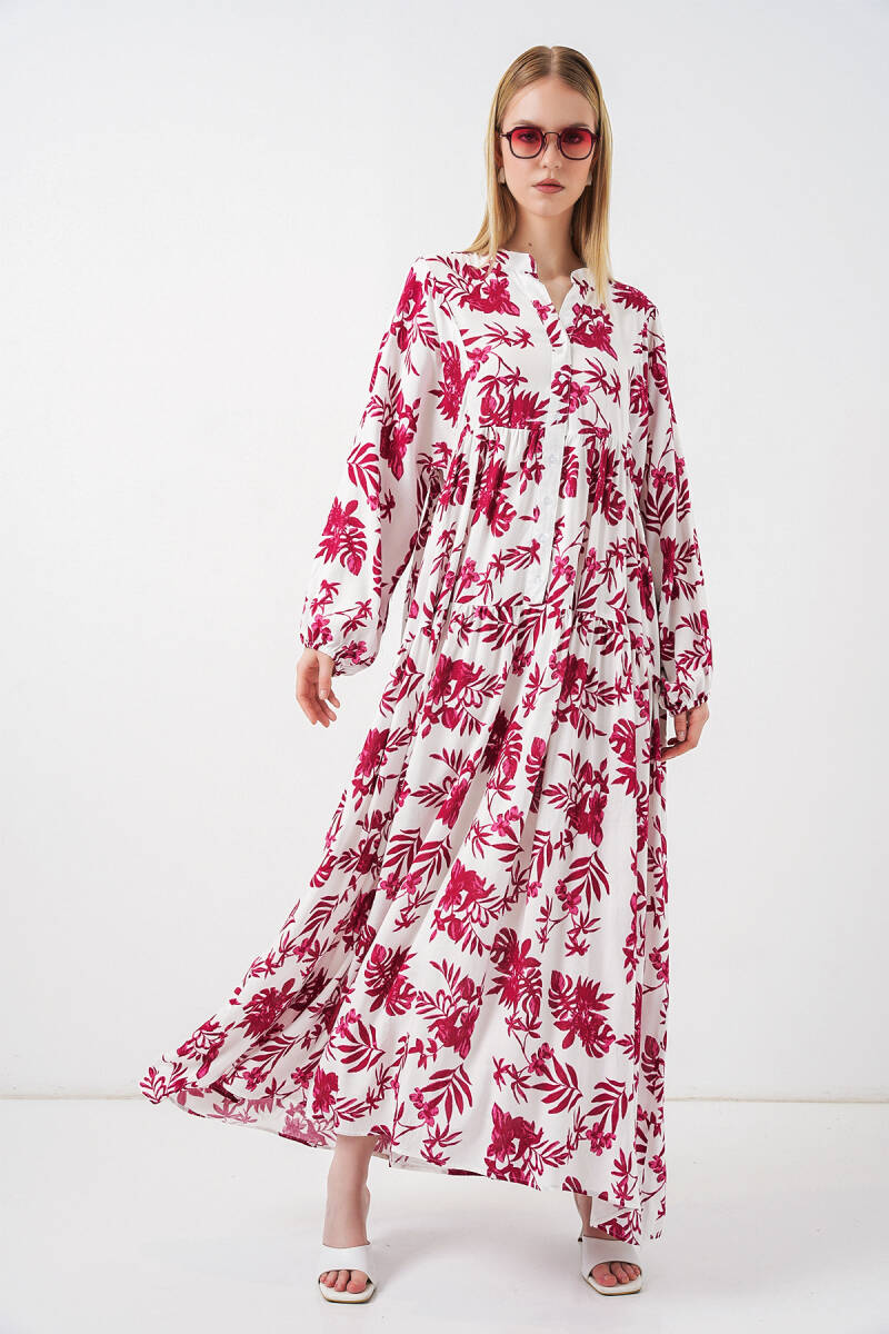 Kadın Desenli Uzun Tesettür Elbise 2585 - V. Kırmızı - BİGDART