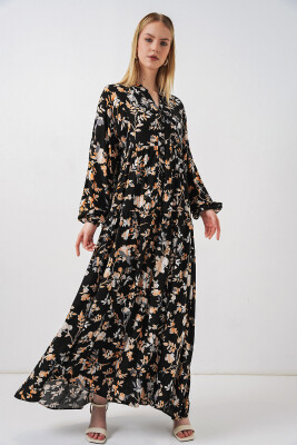 Kadın Desenli Uzun Tesettür Elbise 2585 - V. Siyah - BİGDART