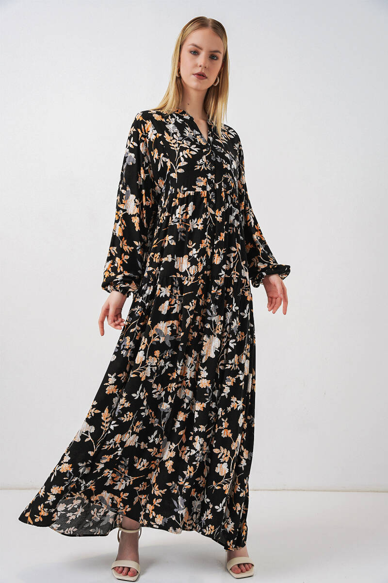 Kadın Desenli Uzun Tesettür Elbise 2585 - V. Siyah - BİGDART