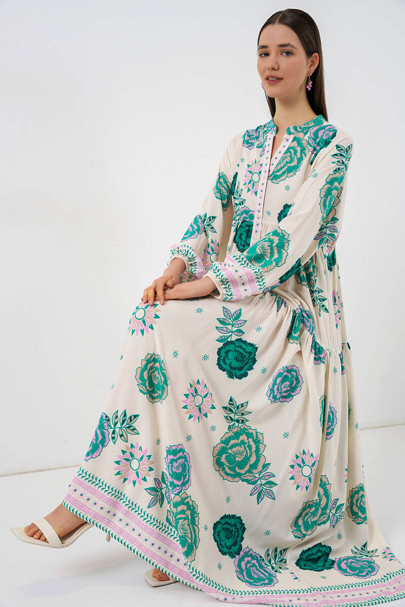 Kadın Desenli Uzun Tesettür Elbise 2585 - Yeşil 1 - BİGDART