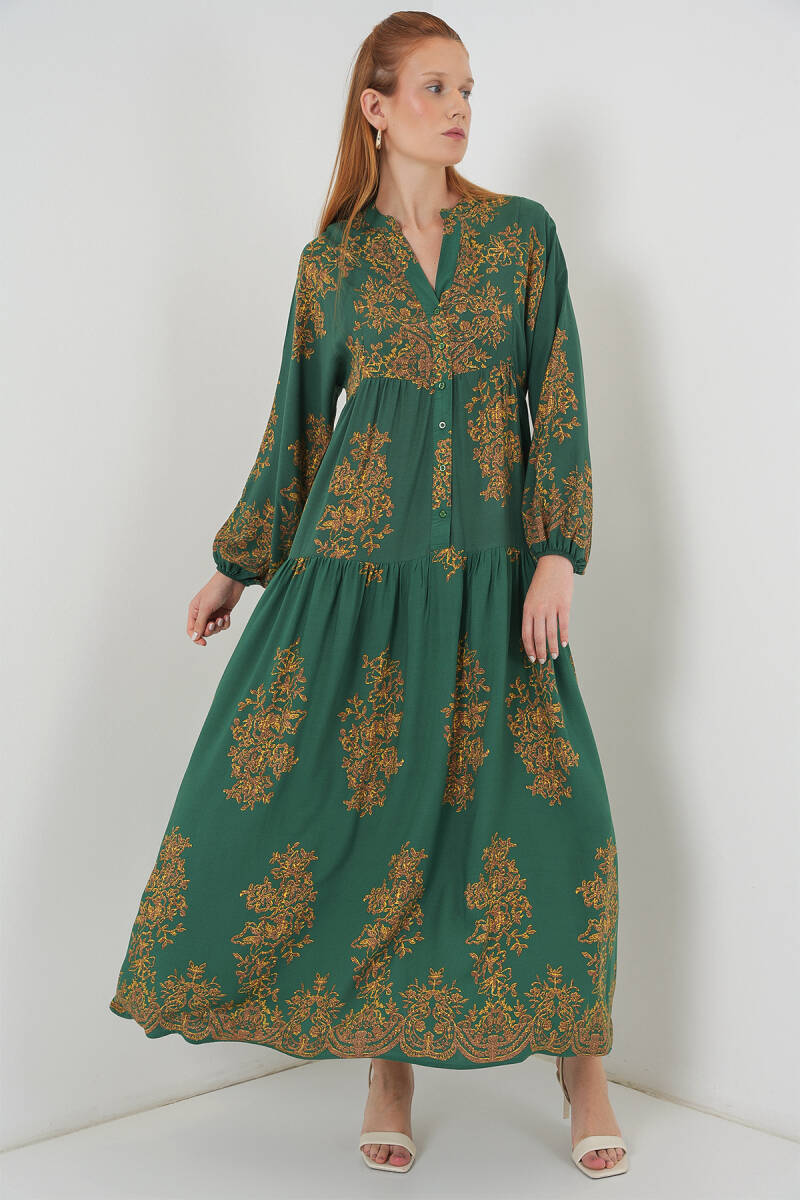 Kadın Desenli Uzun Tesettür Elbise 2585 - Y.Zümrüt - BİGDART