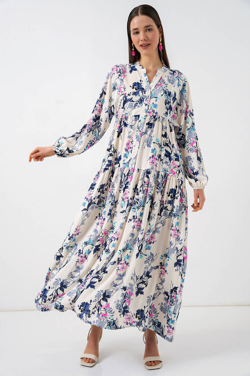 Kadın Desenli Uzun Tesettür Elbise 2585 - Z.Lacivert - BİGDART