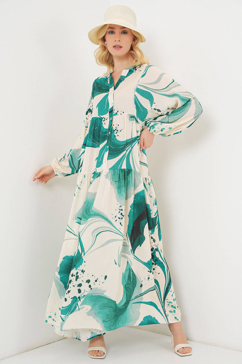 Kadın Desenli Uzun Tesettür Elbise 2585 - Zümrüt Yeşili - BİGDART