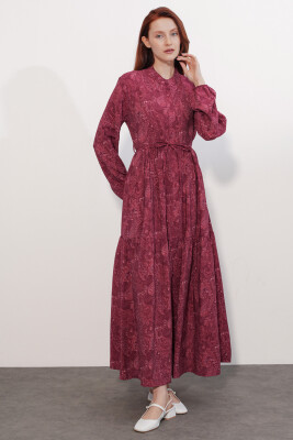 Kadın Desenli Uzun Tesettür Elbise 2586 - Bordo - 4