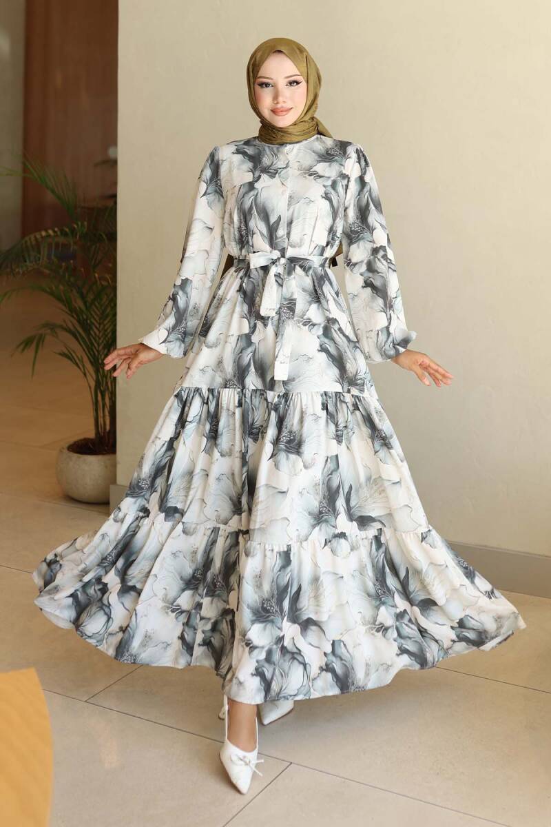 Kadın Desenli Uzun Tesettür Elbise 2586 - Haki - BİGDART