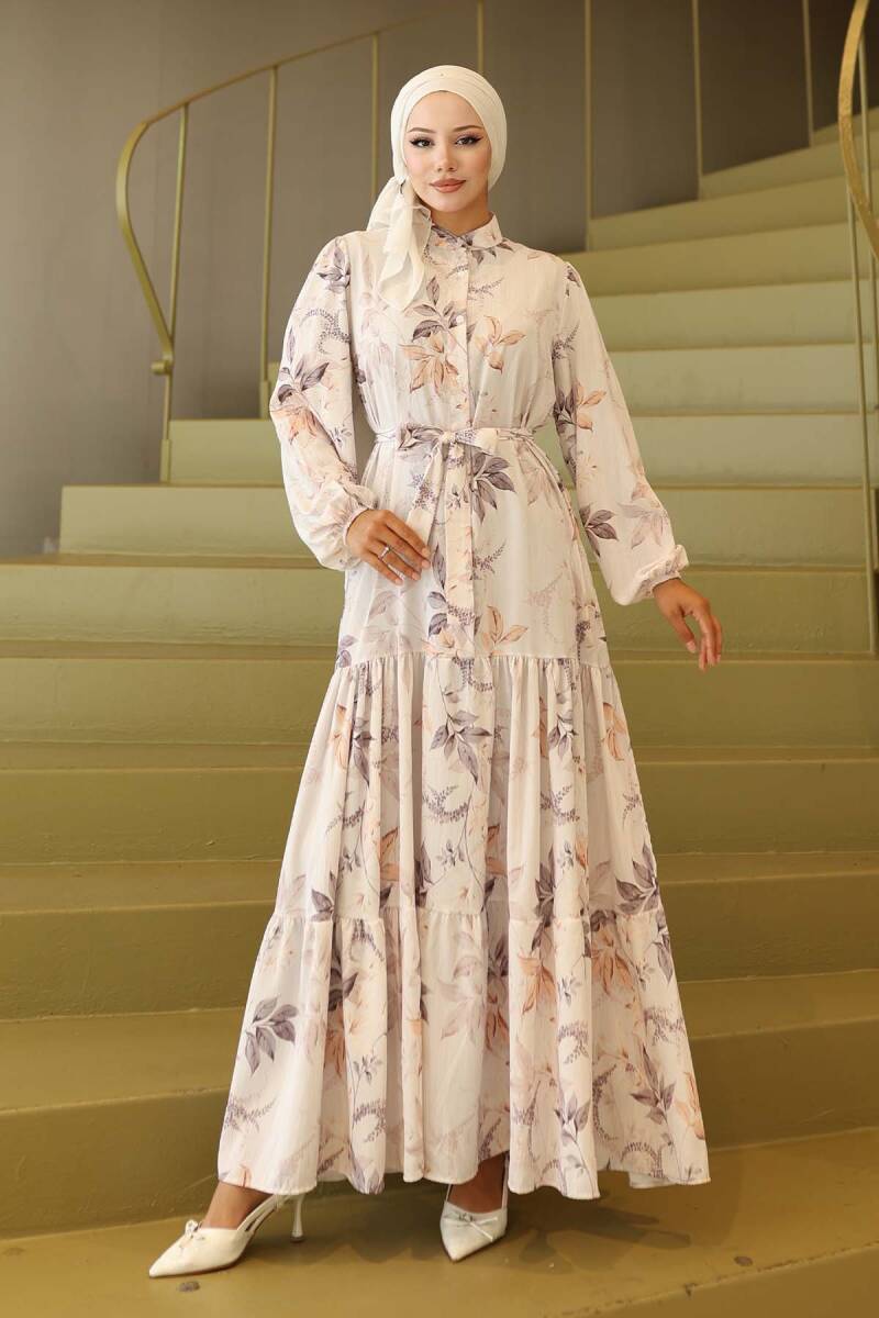 Kadın Desenli Uzun Tesettür Elbise 2586 - Krem - BİGDART