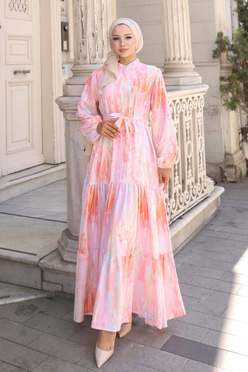 Kadın Desenli Uzun Tesettür Elbise 2586 - Pembe - BİGDART