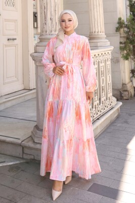 Kadın Desenli Uzun Tesettür Elbise 2586 - Pembe 