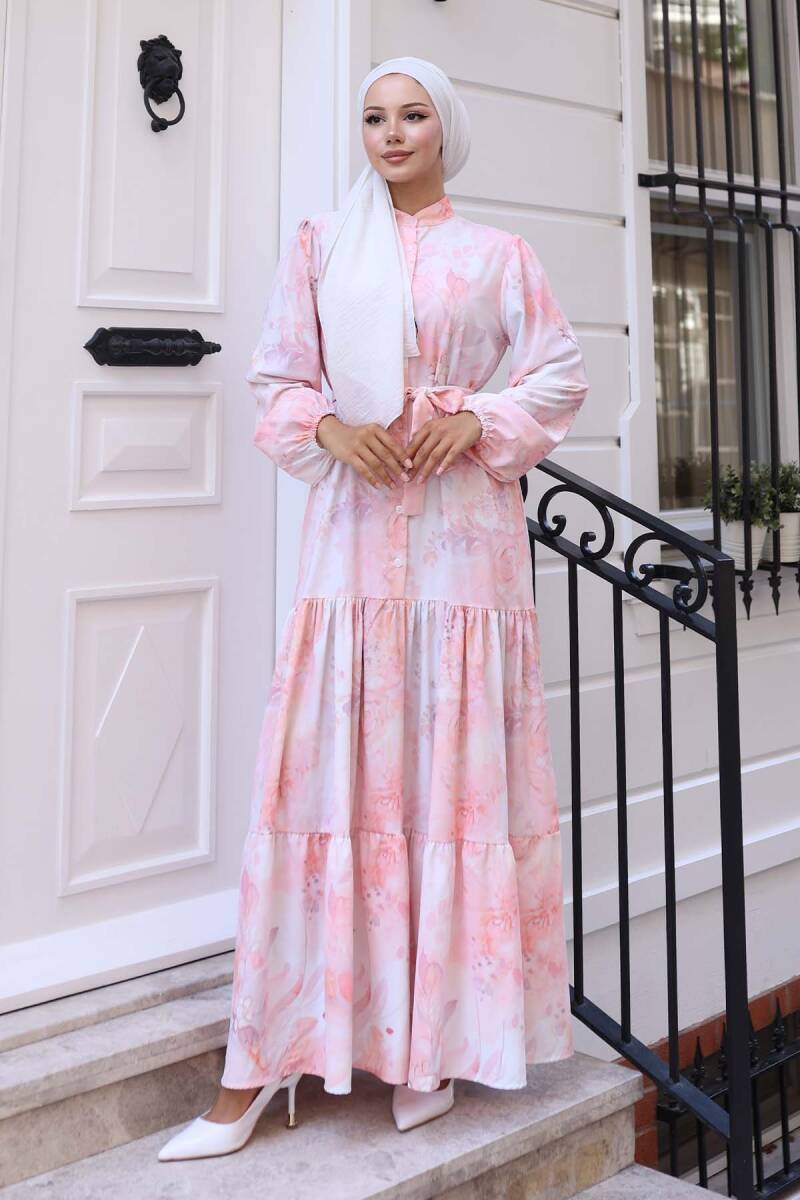 Kadın Desenli Uzun Tesettür Elbise 2586 - Pudra - BİGDART