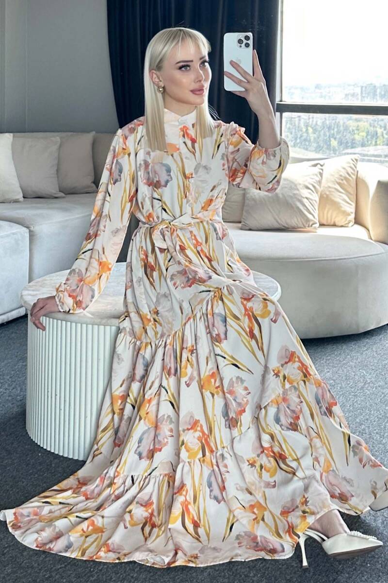 Kadın Desenli Uzun Tesettür Elbise 2586 - Sarı - BİGDART